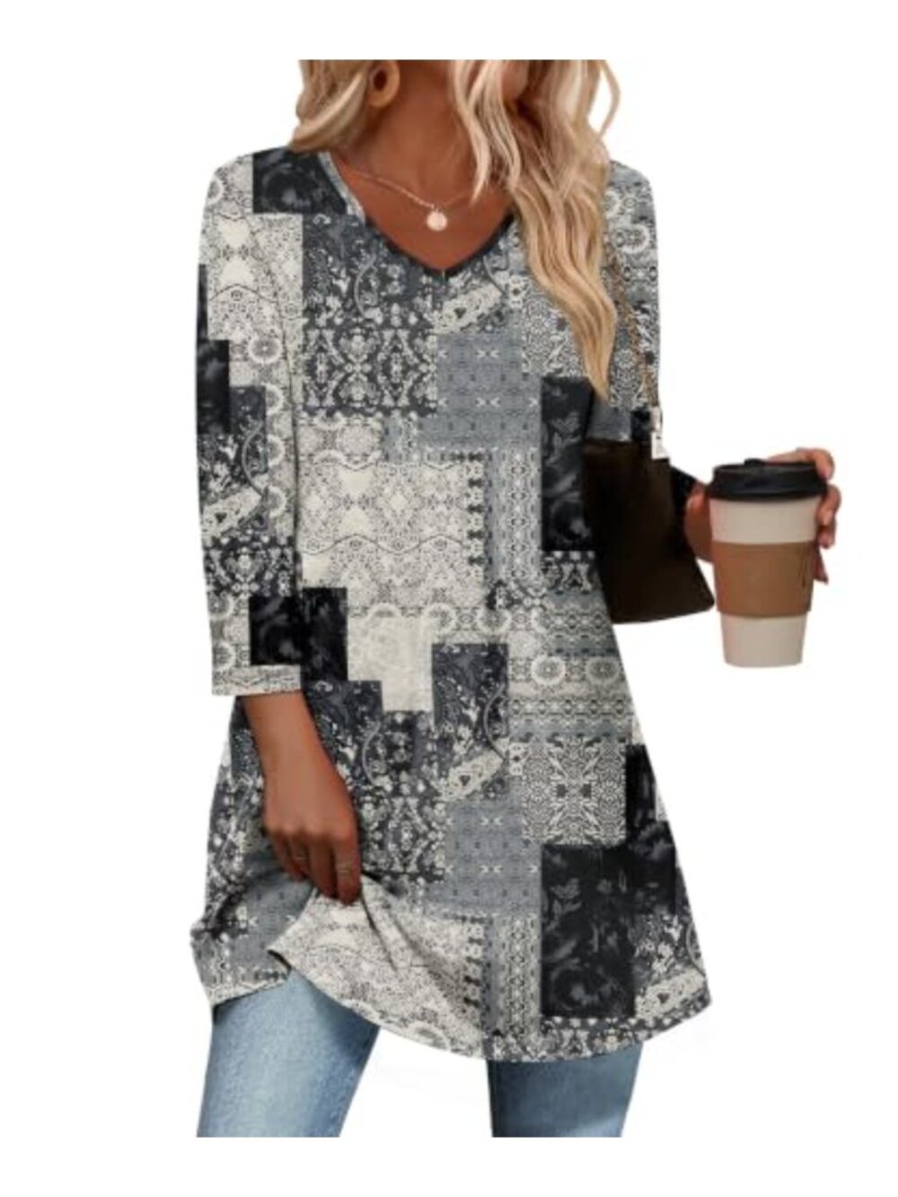 Womens 3/4 Sleeve V-Neck Tunic Top Loose Fit Polyester Spandex Casual